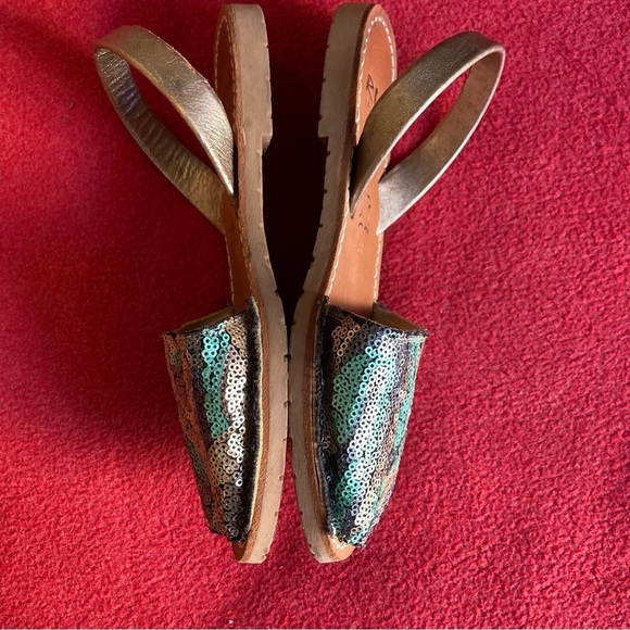 RIA Sz 38 Sequin Peacock Colourway Avarca Made ln Spain Menorca Leather Sandals - Picture 6 of 12